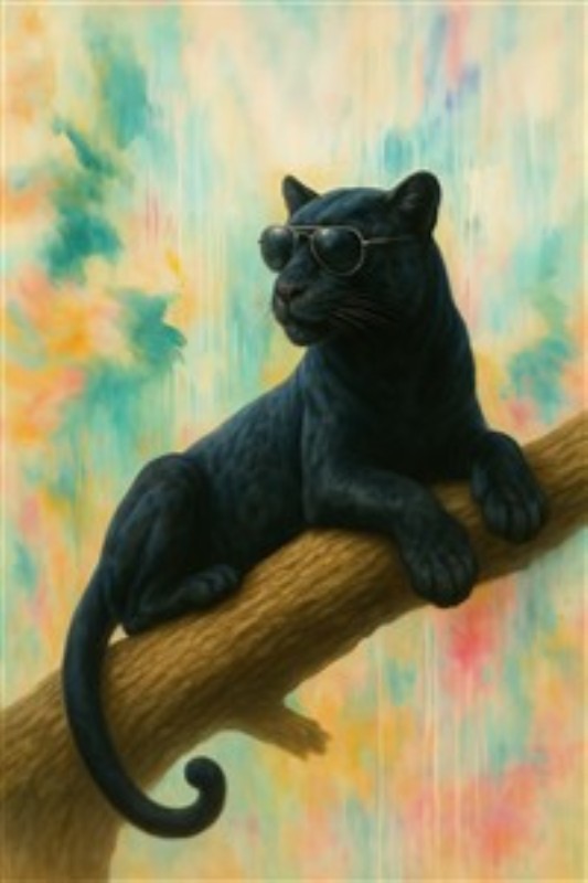 Trendy Panther i Solbriller - Oplev den unikke stil fra denne panter iført solbriller, der slapper af på en gren mod en farverig og levende baggrund. Dette kunstværk tilføjer en sjov og moderne atmosfære til dit hjem.