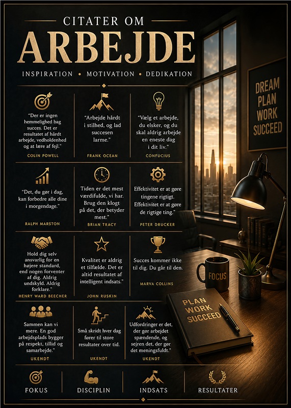 Motiverende Citater om Arbejde til Kontoret - Få inspiration og motivation med denne stilfulde plakat, der præsenterer kloge citater om arbejde fra anerkendte stemmer. Perfekt til kontoret eller arbejdsstedet, denne plakat vil minde dig om værdien af dedikation og fokus i dit arbejde.