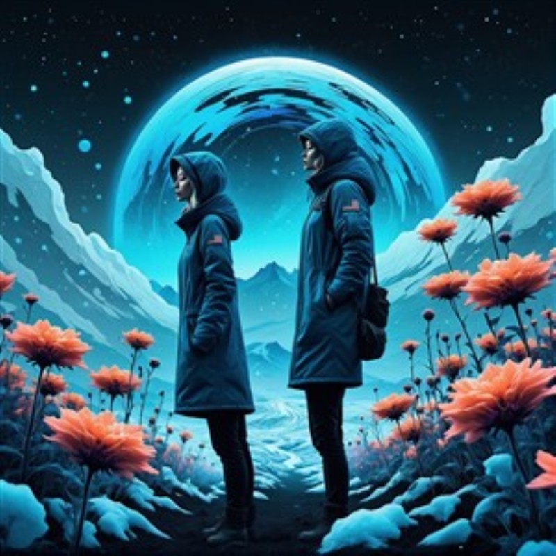 Surreal Rejse i Farverig Landskab - Oplev en magisk verden, hvor to eventyrere står i en drømmende, farverig natur. Denne fantastiske illustration med bjerg og blussende blomster skaber en stemning af undren og eventyr i dit hjem.