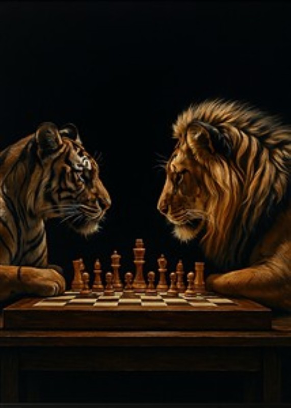 Klog duel mellem løve og tiger - Oplev en fascinerende kamp mellem intellekt og styrke i dette betagende kunstværk, hvor en tiger og en løve spiller skak. Dette dramatisk billede tilføjer en unik stemning og refleksion til dit rum.