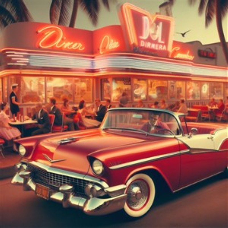 Farverig Retro Diner med Klassisk Bil - Oplev nostalgien med denne livlige retro diner-scene, hvor en klassisk bil pryder fronten, omgivet af elegante gæster i vintage tøj. Dette kunstværk bringer glæde og karakter ind i ethvert rum, perfekt til dem der elsker en tidsrejse til fortiden.