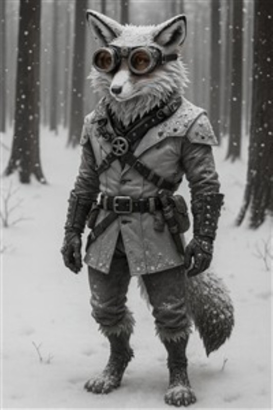 Eventyrlig ræv i vinterlandskab - Oplev magien i denne betagende illustration af en antropomorf ræv iført stilfulde briller og eventyrlig dragt, der står stolt i en snefyldt skov. Et perfekt stykke kunst, der tilføjer et strejf af fantasi til dit rum.