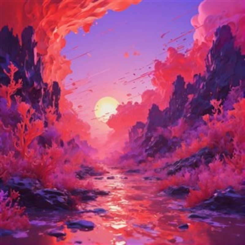 Surrealistisk Kystlandskab ved Solnedgang - Oplev et drømmende landskab fyldt med farver, hvor solens gyldne stråler møder de levende pink og lilla klipper. Denne surrealistiske scene bringer ro og skønhed ind i dit hjem.