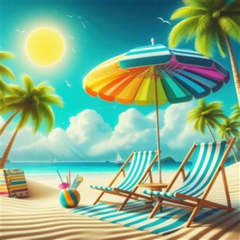 Farverig Strandidyl med Sol og Parasoller - Oplev den perfekte strandstemning med denne farverige plakat, der fanger solen, palmerne og de hyggelige liggestole. Tag et smil med hjem og lad mindet om sommeren lyse op i dit rum.