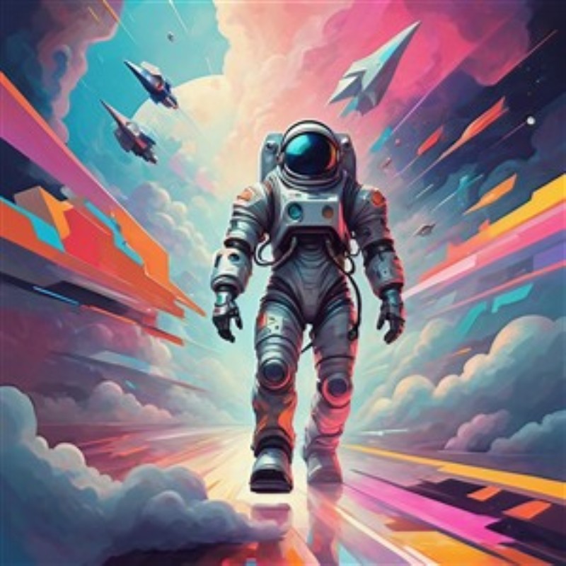Farverig Astronaut i Rummets Vidundere - Dyk ind i en fascinerende verden med denne livlige plakat, der viser en astronaut, der udforsker et utroligt farverigt rumlandskab. Med flyvende rumskibe og lysende detaljer bringer denne kunst en følelse af eventyr og uendelige muligheder til dit hjem.
