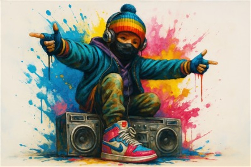 Farverig Hip-Hop Energi til Dit Rum - Oplev den livlige energi fra hip-hop kulturen med dette fantastiske kunstværk. Den unge dreng med hovedtelefoner og en boombox bringer en unik stemning af kreativitet og udtryk ind i dit hjem.