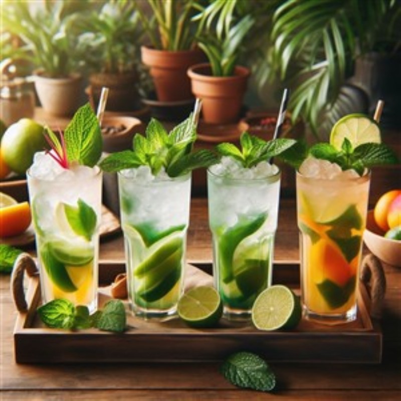 Frisk Mojito Magi i Solen - Nyd synet af farverige mojitos, præsenteret i høje glas med mynte og lime, klar til at bringe sommerstemning til dit hjem. Denne livlige illustration er den perfekte detalje til at tage dit rum til næste niveau.
