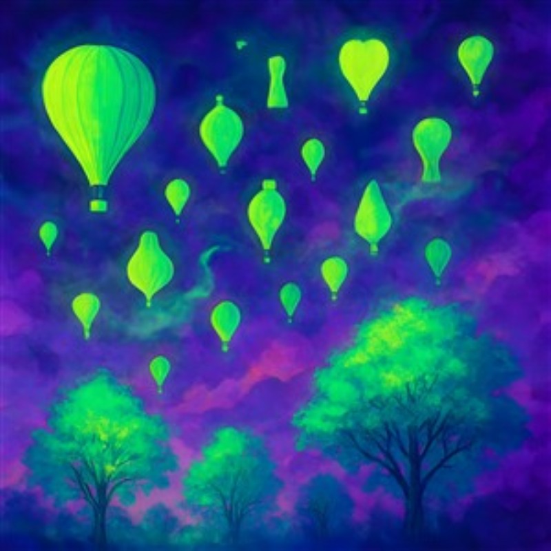 Svævende Grønne Balloner i Mystisk Himmel - Oplev den magiske stemning fra svævende grønne balloner, der danser over en drømmende landskab i dybe lilla og grønne nuancer. Denne illustration tilføjer en eventyrlig atmosfære til dit hjem.