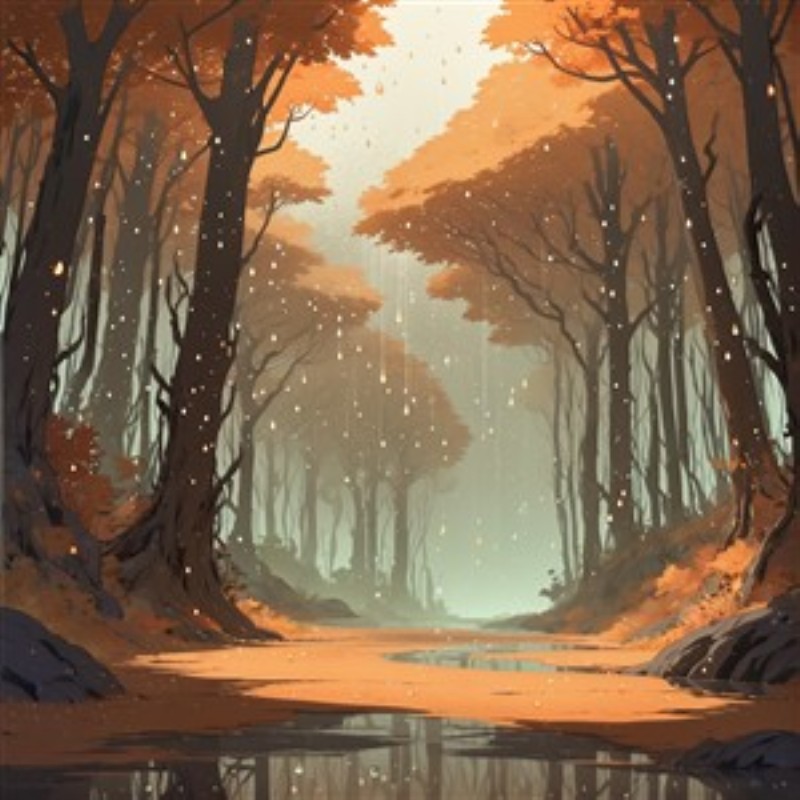 Efterårsdrøm i Skoven - Oplev den beroligende skønhed i efterårsskoven, hvor varme farver og let regn skaber en magisk atmosfære. Denne illustration indbyder til refleksion og fred i dit hjem.