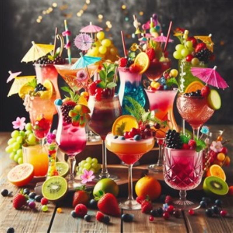 Farverig Cocktailfest til Dit Hjem - Lad denne spektakulære samling af farverige cocktails bringe liv til dit space. Hver drik er pyntet med frugt og paraplyer, hvilket skaber en festlig stemning, perfekt til hver lejlighed.