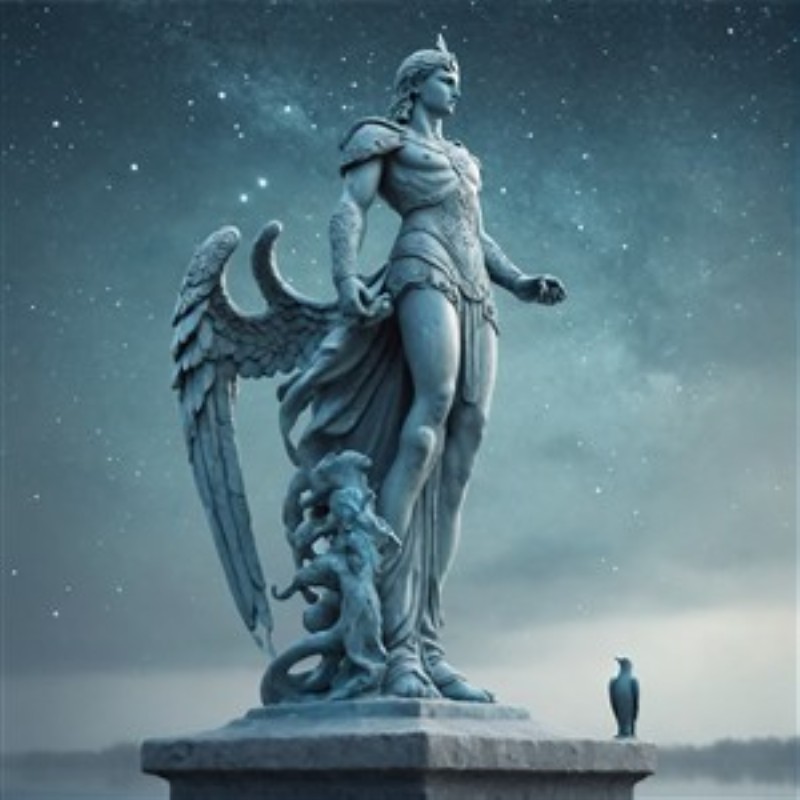 Majestætisk Mytologisk Statue med Vinger - Oplev den enorme skønhed af denne mytologiske statue, der står med vingerne spredt under en fortryllende stjernehimmel. Den udstråler styrke og elegance, hvilket gør den til et perfekt centerpiece i ethvert rum.