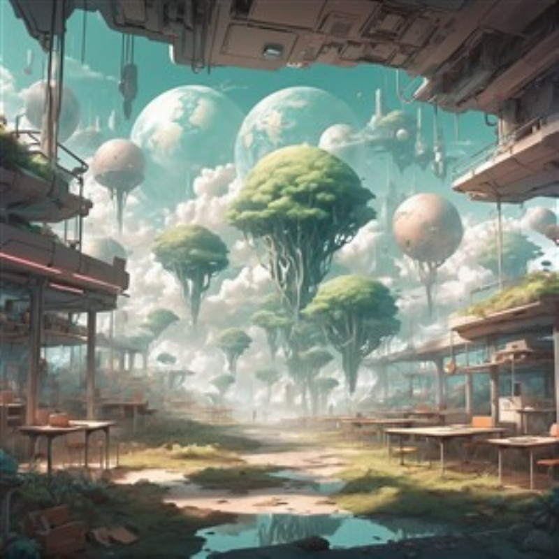 Surrealistisk Fremtid med Svævende Træer - Oplev et unikt og surrealistisk landskab, hvor svævende træer møder futuristiske bygninger under en storslået himmel. Dette kunstværk skaber en drømmende atmosfære, perfekt til at inspirere og fascinere.