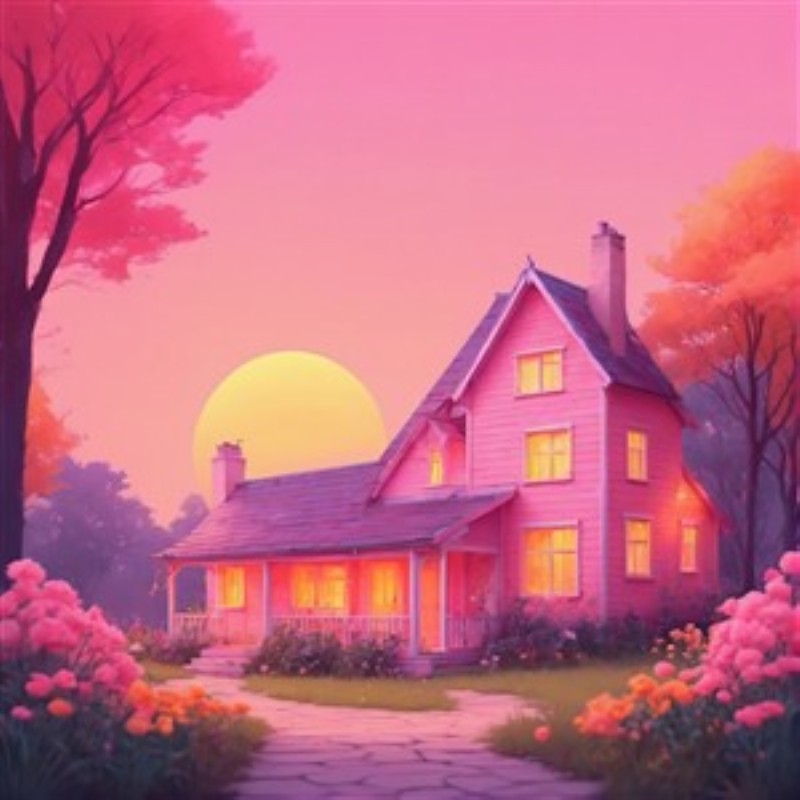 Drømmegulvet: Pink Hus ved Solnedgang - Oplev magien ved dette strålende pink hus, der lyser op i skumringen, omfavnet af blomsterprakt og en betagende solnedgang. Denne illustration bringer en drømmende atmosfære til dit hjem og skaber en unik stil.