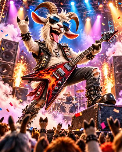 Heavy metal-gede på scenen - Farverig illustration af en rockende gedevæsen med solbriller, horn, læder og rød elektrisk guitar foran et feststemt publikum. En energisk metalplakat med scenelys, røg, højttalere og koncertstemning til musik- og rockfans.