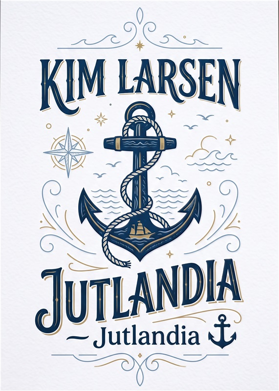Kim Larsen Jutlandia Plakat - Sæt segl mod nostalgi med denne smukke plakat, der hylder Kim Larsens musik og den maritime kultur. Det elegante design med ankeret og den unikke typografi vil tilføre et personligt præg til dit hjem.