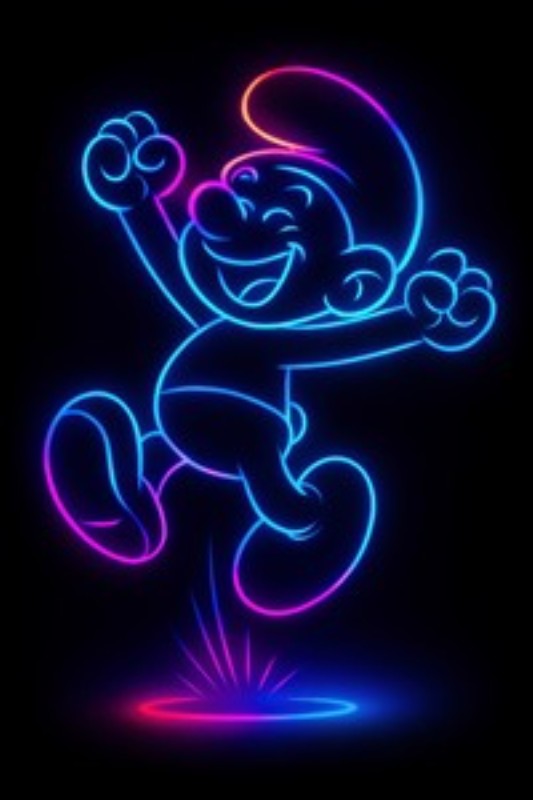 Neon Smurf - En Glad Glæde - Oplev den pulserende glæde med denne livlige neonillustration af en smurf, der hopper af lykke. Denne farverige kunstværk bringer et festligt lys til ethvert rum og skaber en let og glad stemning.