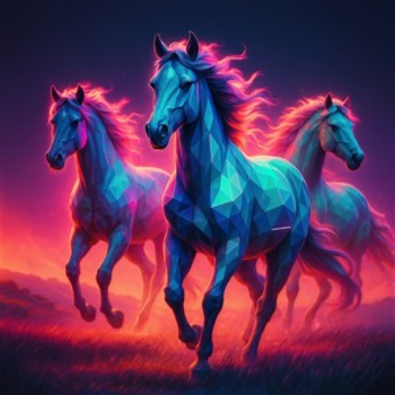 Neon Heste i Drømmeverden - Træd ind i en farverig drømmeverden med dette iøjnefaldende billede af geometriske heste, der gallopperer gennem en surrealistisk landskab. Deres glødende neonfarver og dynamiske bevægelser bringer liv og energi til ethvert rum.