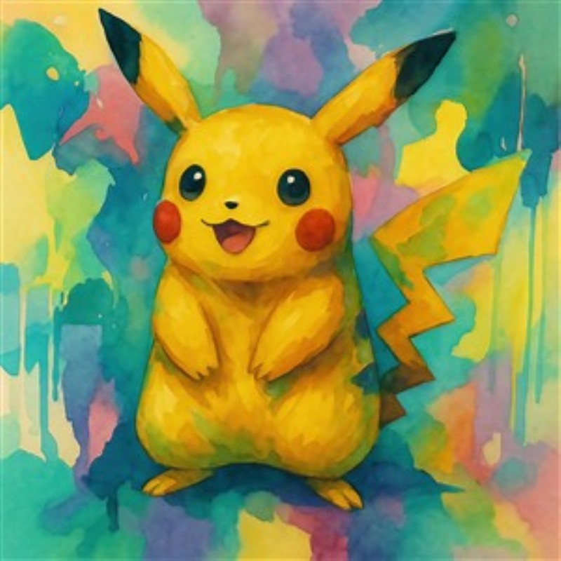 Farverig Pikachu i Abstrakt Kunst - Oplev glæden ved dette farverige maleri af Pikachu, der bringer liv og lys ind i dit hjem. Med en sprudlende baggrund skaber dette kunstværk en festlig atmosfære, perfekt til både børn og voksne.