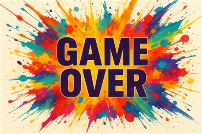 Sprudlende GAME OVER Kunstværk - Oplev et farverigt kunstværk, hvor teksten GAME OVER står majestætisk i centrum, omgivet af en eksplosion af livlige farver. Dette design tilføjer en sjov og kreativ atmosfære til ethvert rum.