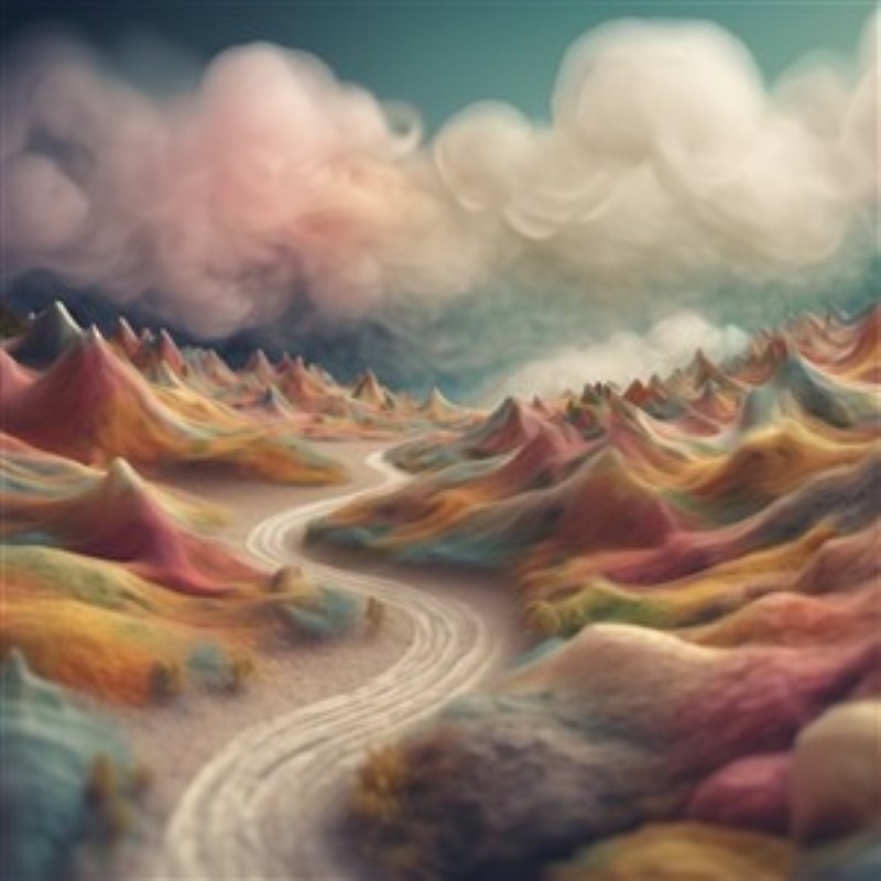 Surrealistisk Fantasi med Bølgende Farver - Træd ind i et drømmeagtigt landskab fyldt med pastelfarver og snoede veje. Dette kunstværk skaber en magisk atmosfære, der vil inspirere til uendelige dagdrømmerier.