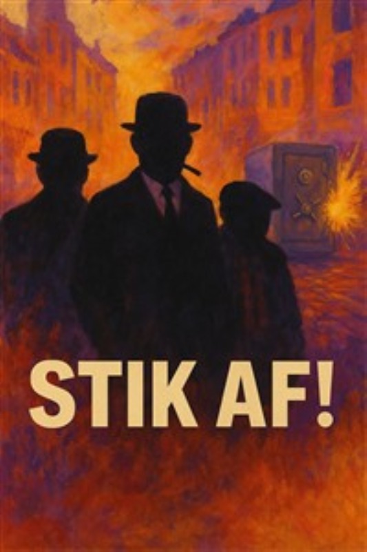 Kamp i Gaden - Dramatisk Vivid Kunst - Oplev en spændende illustration med silhuetter af tre personer i en bysetting, hvor dramatikken og farverne fanger blikket. Dette kunstværk tilføjer karakter og intensitet til ethvert rum.