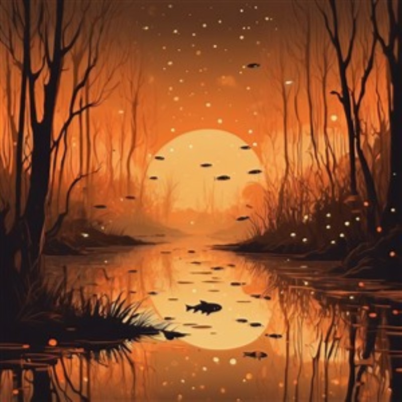 Fortryllende Solnedgang ved Søen - Oplev en magisk solnedgang, hvor de varme orange nuancer spejler sig i en stille sø, omgivet af elegante træer og legende fisk. Denne illustration bringer ro og skønhed ind i dit hjem, perfekt til at skabe en beroligende atmosfære.