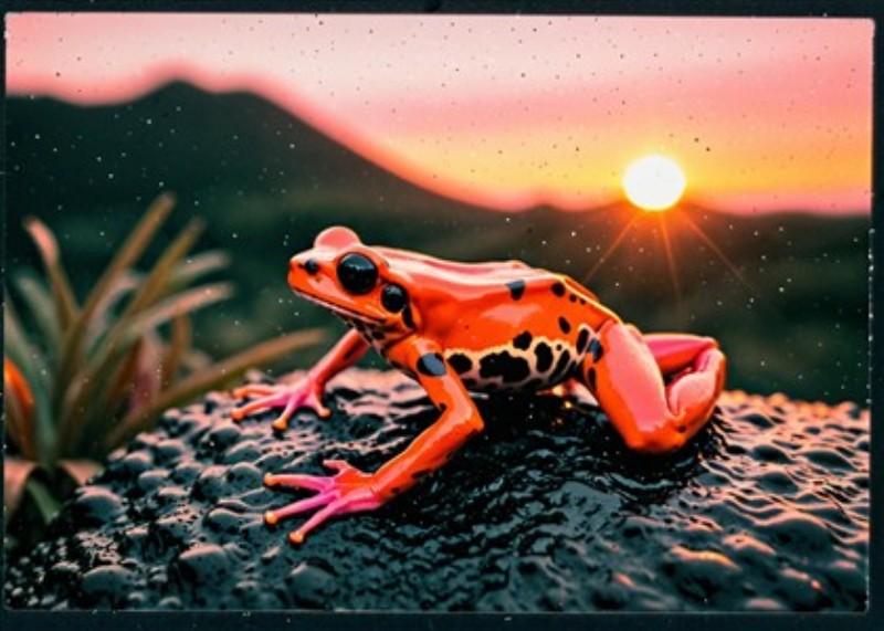 Farverig frø ved solnedgangs eventyr - Oplev den betagende skønhed af en farverig frø, der advarer om et magisk øjeblik ved solnedgang. Dette billede tilføjer liv og energi til dit rum, som vil inspirere til drømme og eventyr.