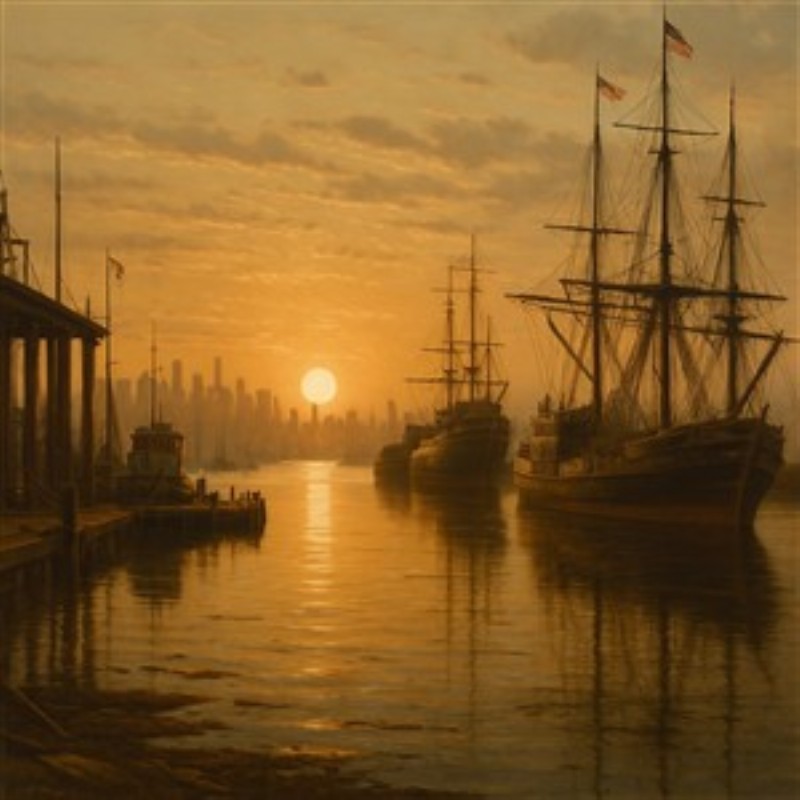 Drømmende Solnedgang over Havnen - Oplev skønheden ved en solnedgang, der kaster sit gyldne lys over havnen. Dette maleri bringer en fredfyldt atmosfære med sejlskibe og den skimrende by i baggrunden, perfekt til at skabe ro i dit hjem.