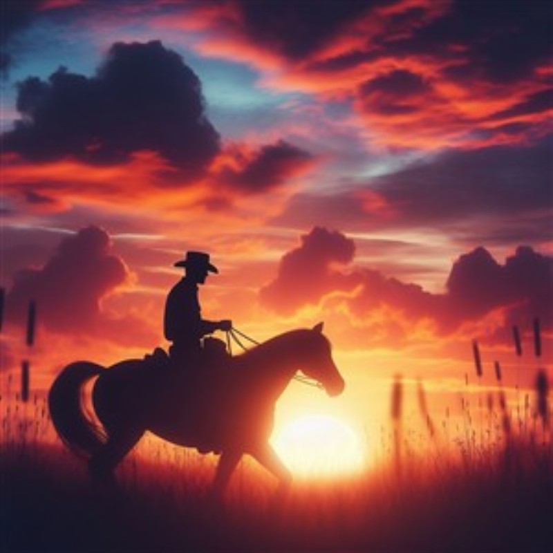 Cowboyens Magiske Solnedgang - Oplev friheden i det vilde vesten med denne fantastiske silhuet af en cowboy på hest, der rides mod en betagende solnedgang. Den dramatiske farveskala skaber en følelse af eventyr og nostalgi, perfekt til at pryde dit hjem.