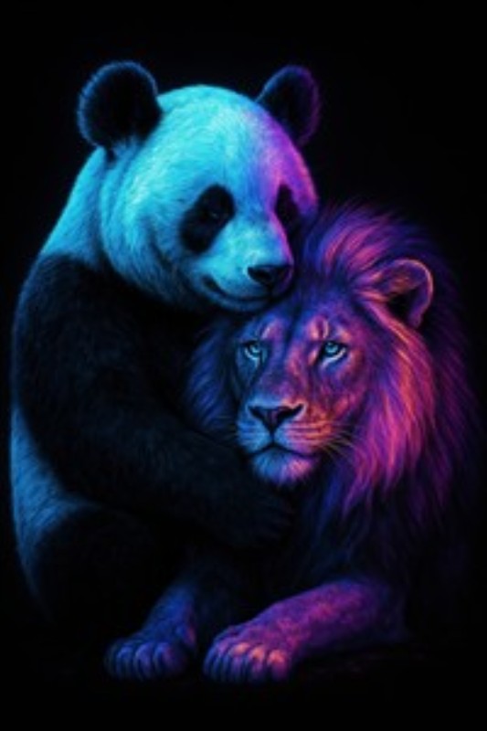 Neon Pandas Venskab med Løven - Oplev det fantastiske venskab mellem en panda og en løve, fanget i strålende neonfarver. Dette kunstværk tilføjer liv og farve til ethvert rum, perfekt til dem, der elsker dyreportrætter med en moderne twist.