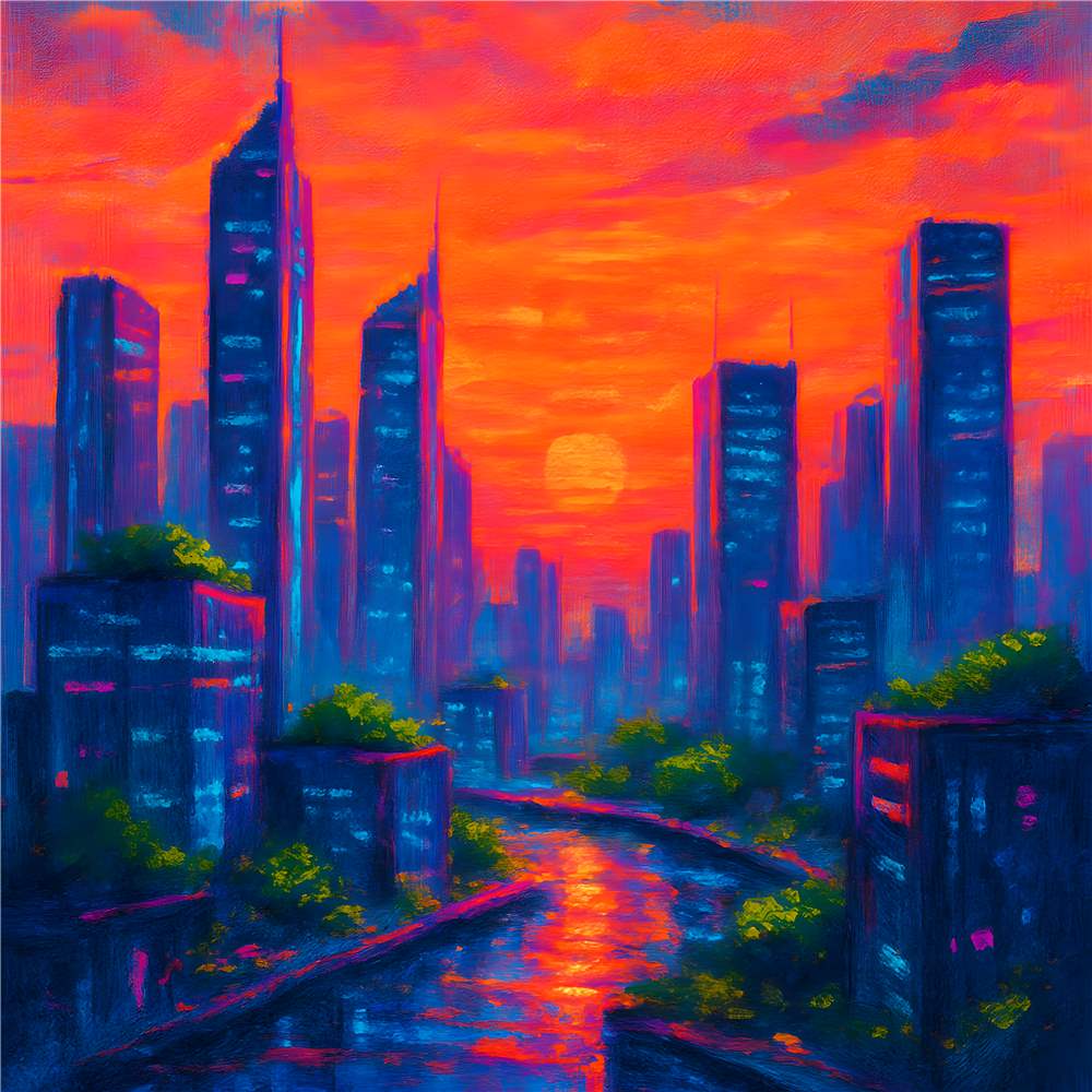 Futuristisk by ved solnedgangs magi plakat