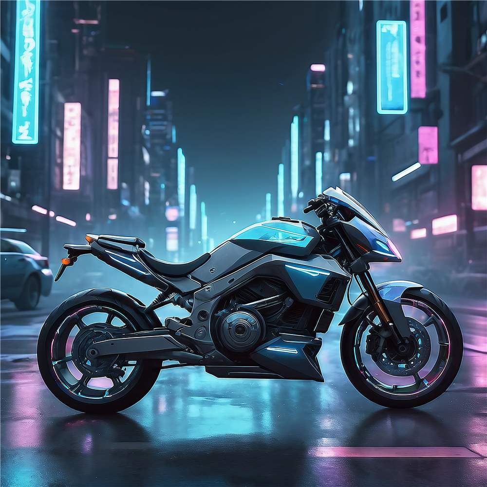 Neon Drøm: Futuristisk Motorcykel i Bylandskab plakat