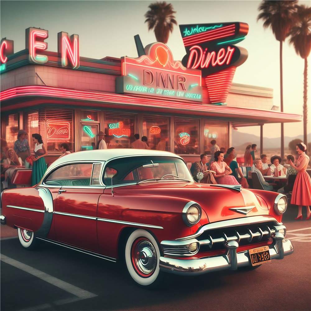 Vintage Diner med Klassisk Bil plakat
