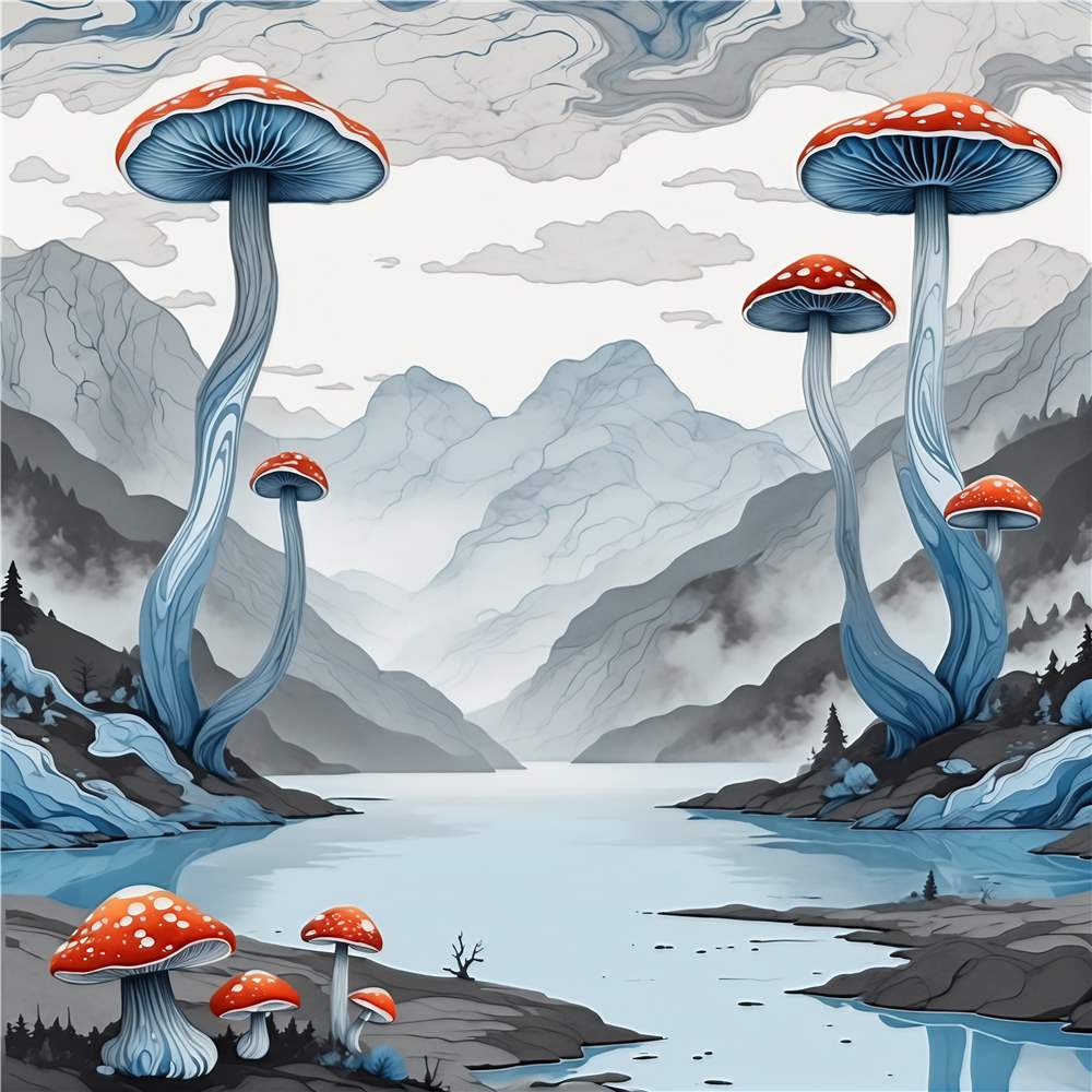 Surrealistiske svampe ved bjergsøen plakat