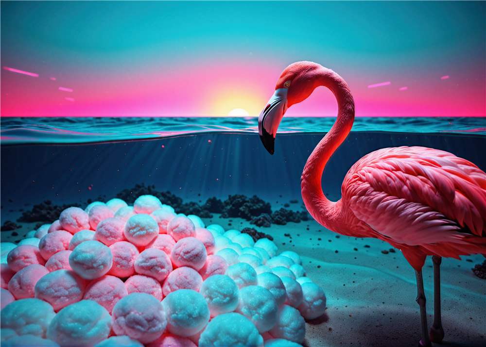 Flamingo i farverigt hav med is-sand plakat