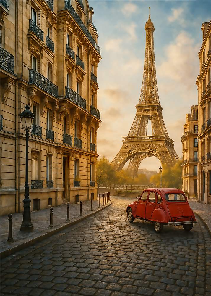 Rød Bil og Eiffeltårnet i Paris plakat
