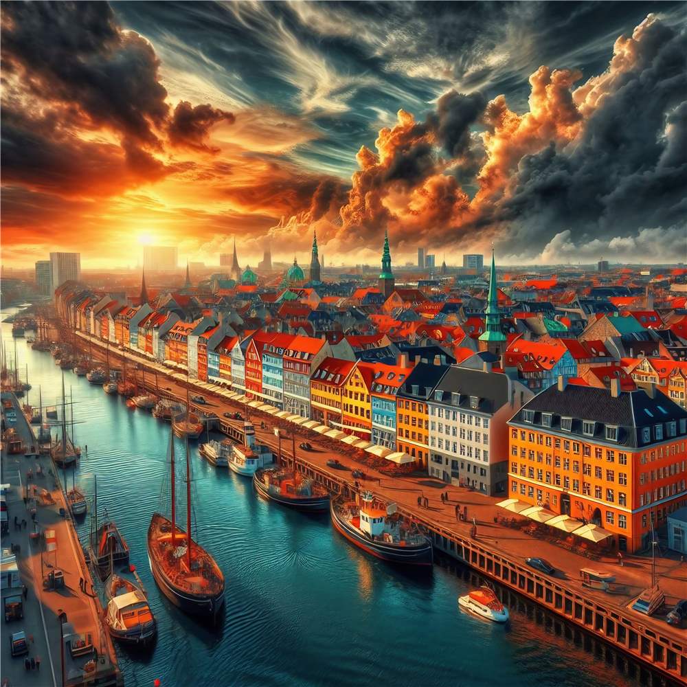 Dramatisk solnedgang over Københavns havn plakat