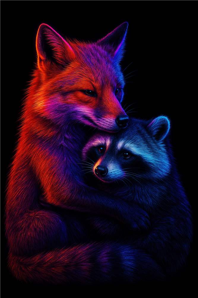 Farverig Kram: Ræv og Vaskebjørn i Harmoni plakat