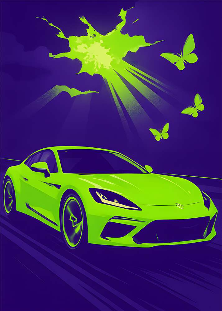 Neon Sportvogn med Livlige Motiver plakat