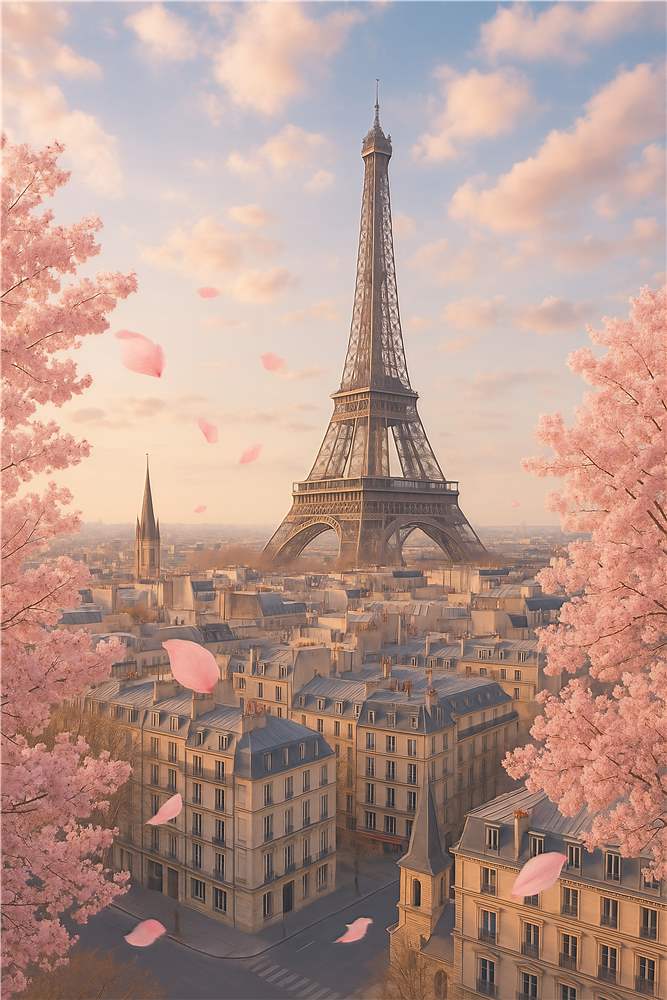 Eiffeltårnet i floralskønhed ved solopgang plakat