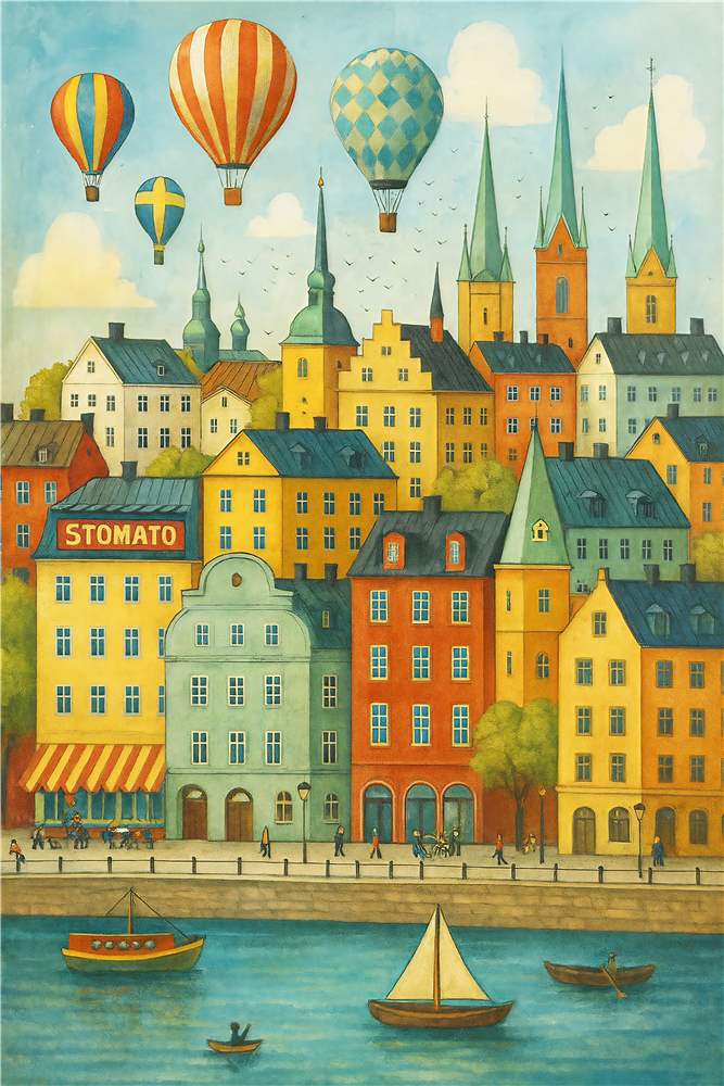 Farverig by med luftballoner og båd i solskin plakat