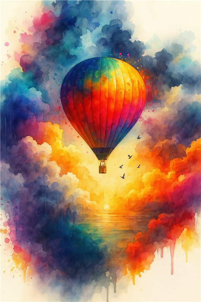 Farverig varmluftballon over drømmeagtige horisonter plakat