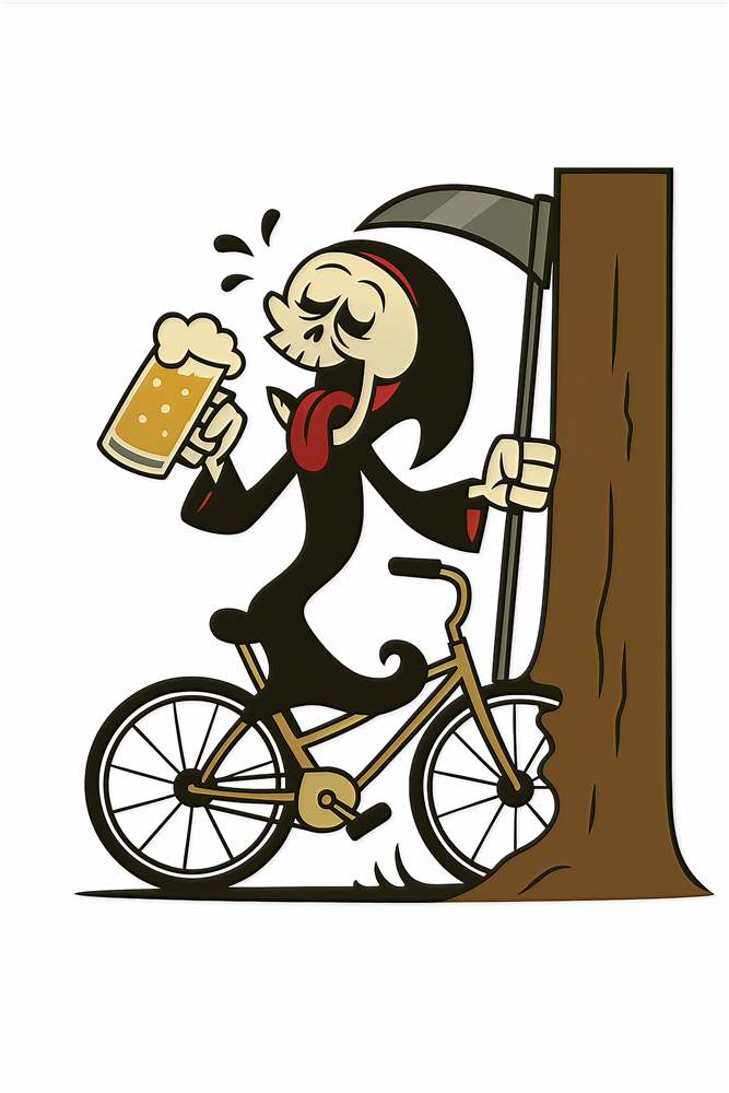 Skelet på cykel med øl - Morsom plakatdesign plakat