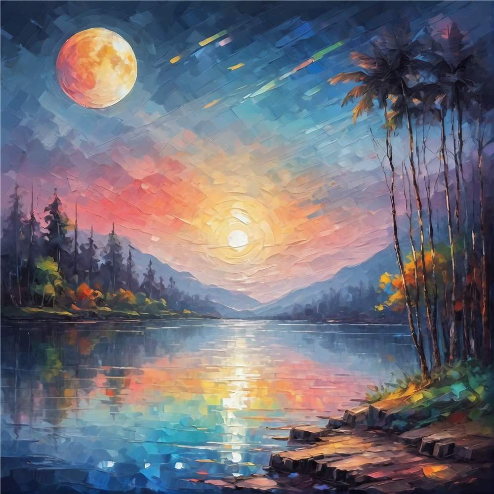 Magisk solnedgang over spejlende sø plakat