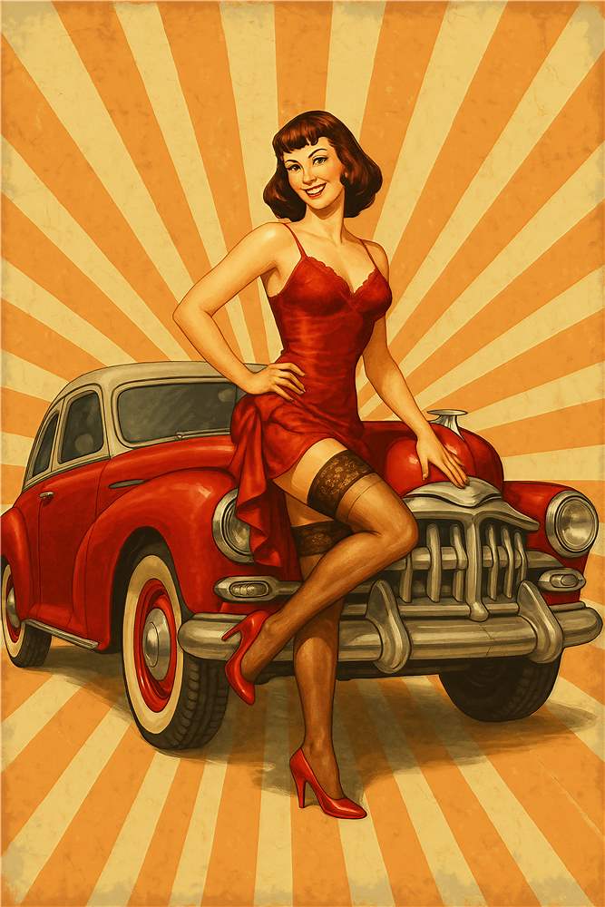 Retro Pin-Up Skønhed med Klassisk Bil plakat