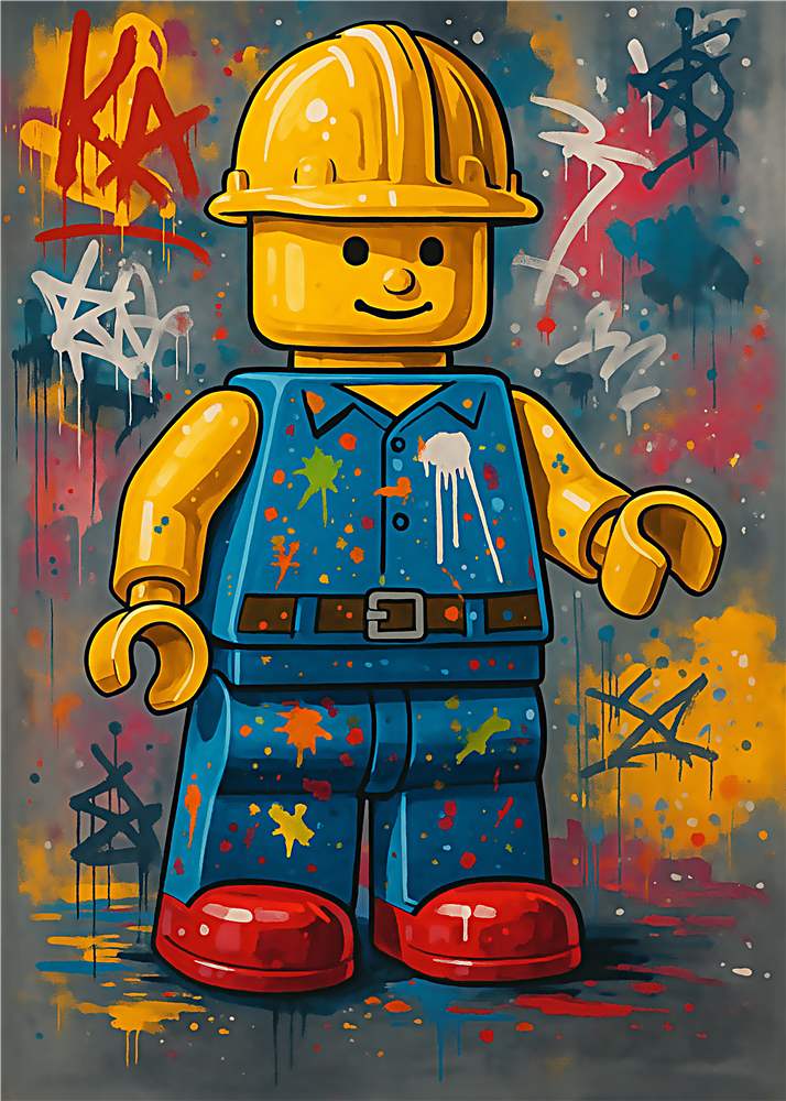 Farverig LEGO Arbejderfigur med Graffiti Twist plakat