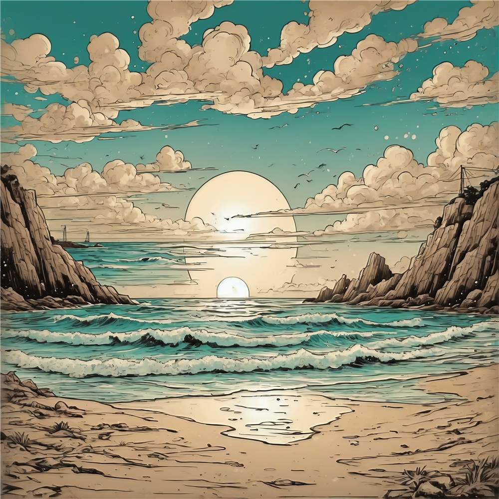 Drømmeagtig solnedgang ved kysten plakat