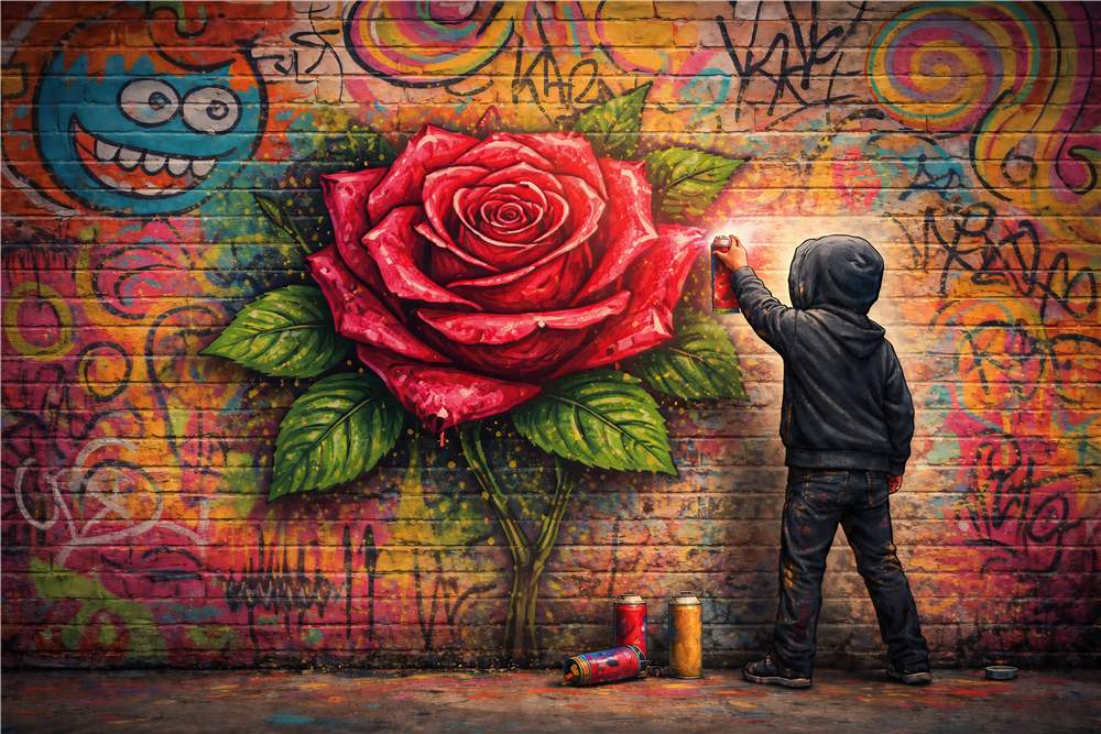 Farverig Graffiti: Dreng Maler en Rød Rose plakat