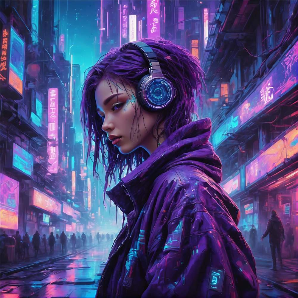 Neon Drøm: Futuristisk Kvinde i Byen plakat