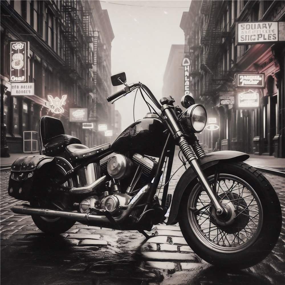 Motorcykel i byens neonlys plakat